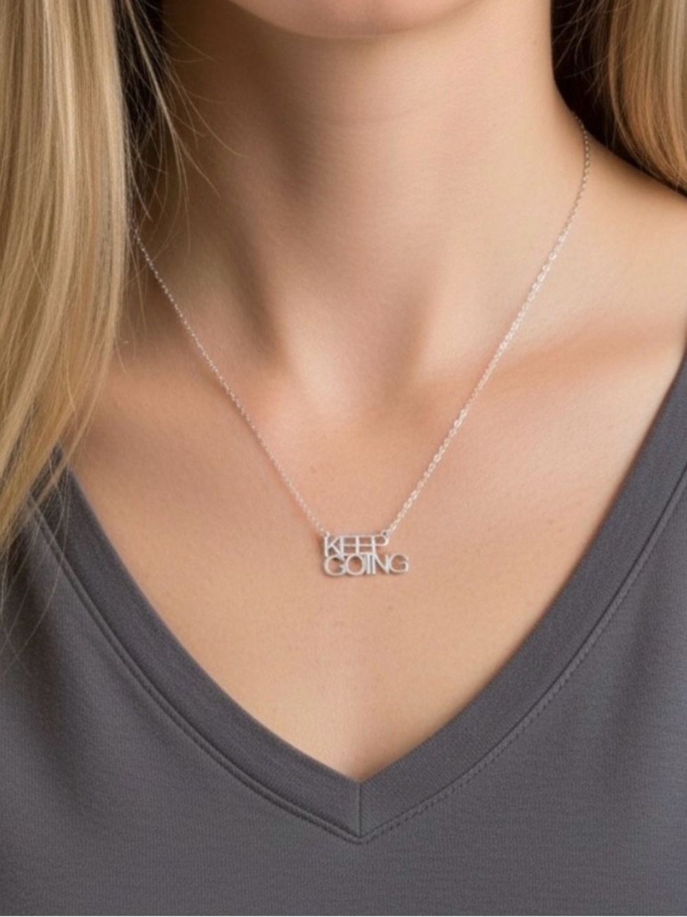 “Keep Going” Sterling Silver Dipped Motivational Necklace, Lucky Feather